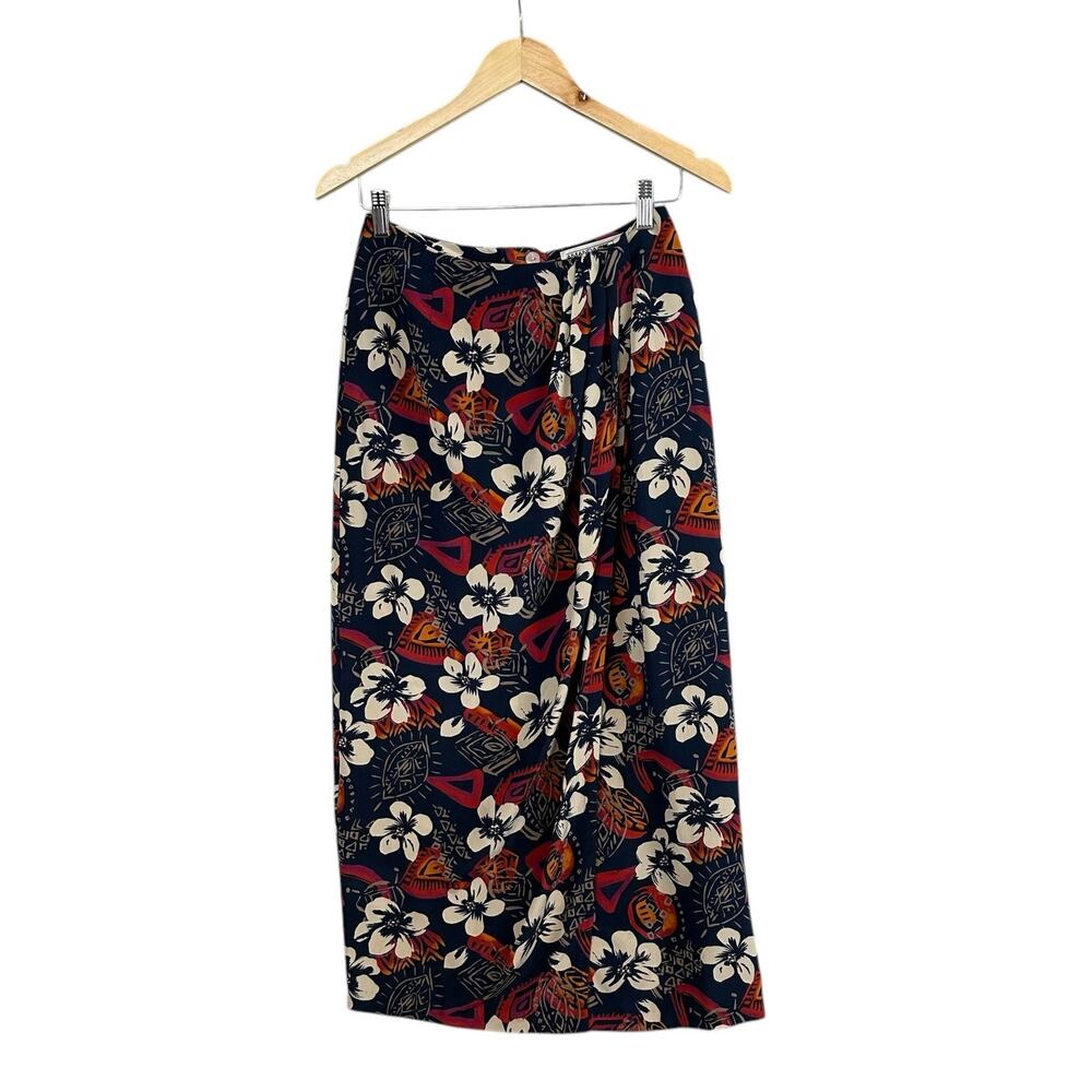 Amanda Smith 100% Silk Hawaiian Wrap Skirt Size 6 Navy Red Vintage Maxi Waist 26